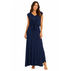 Soma Tie Front Maxi Dress Size Medium Navy Blue Cap Sleeve Soft Jersey Pockets
